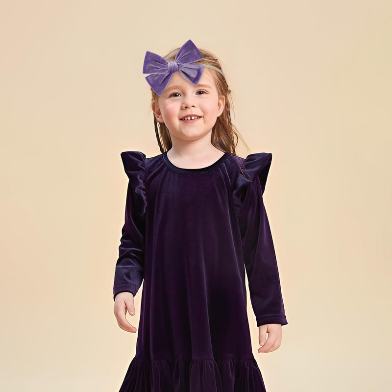 ONENINEDREAM 4'' Baby Velvet Gloss Bows Handmade Headbands Tied Bow Elastic Nylon Hair Accessories for Baby Girls Newborn Infant 3 Pcs Purple Turmeric Brown - Image 3